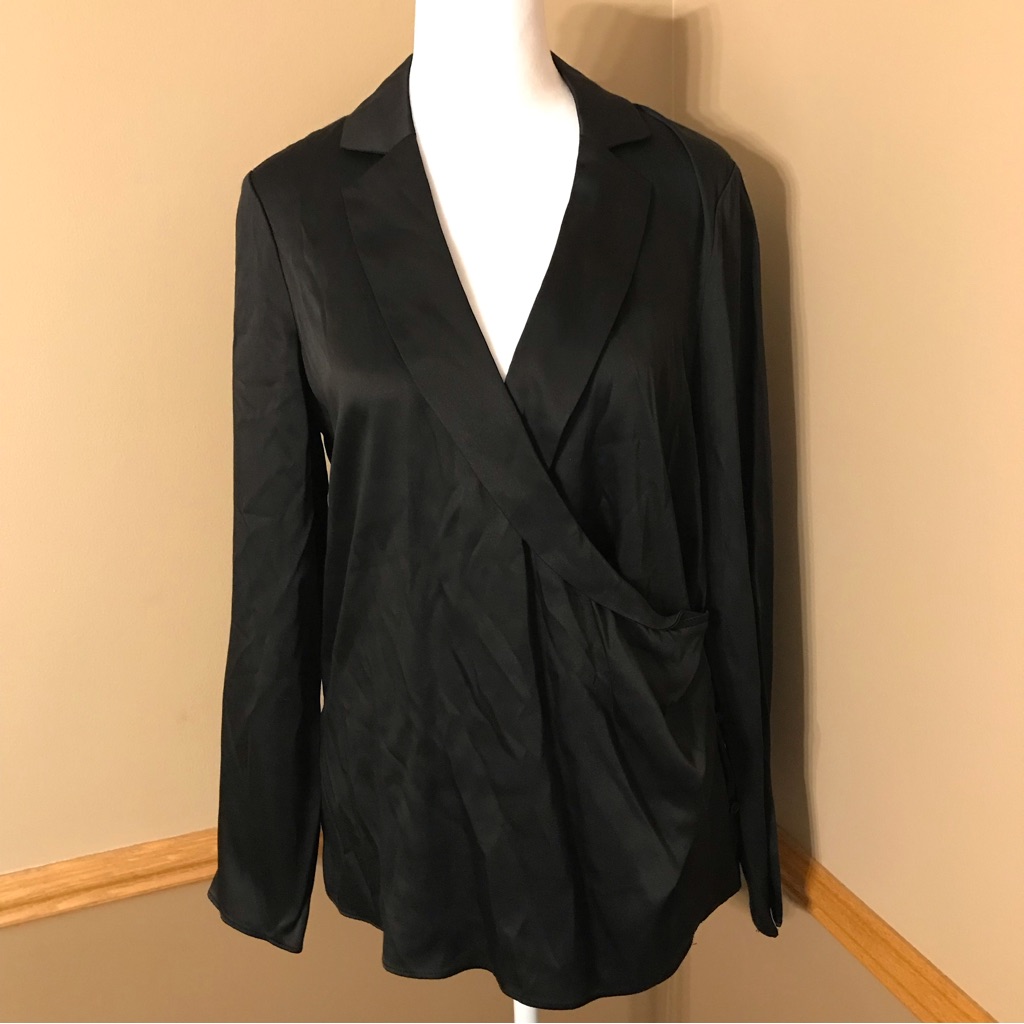 Jordan Louis Black Satin Faux Wrap Top Side Buttons Size Small.